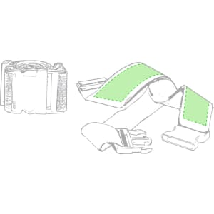 A green luggage strap with clips at both ends, coiled into a circular shape for compact storage, featuring a logo.