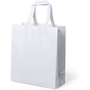 A white tote bag with two handles and a simple design, featuring a logo on the front.