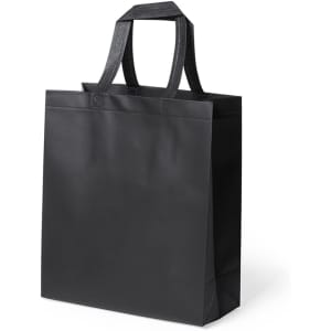A black promotional Kustal bag with sturdy handles and a simple design, featuring a logo on the front.