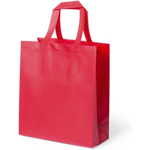 A red Kustal bag with two sturdy handles and a glossy finish. It features a logo on the front.
