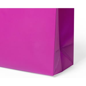 A pink bag with a smooth surface and a square bottom, featuring a branding logo.