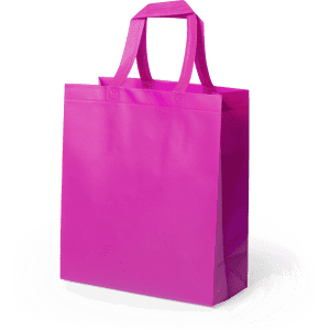 A pink shopping bag with two sturdy handles. The bag has a flat base and a sleek design.