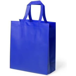 A blue promotional bag with sturdy handles and a simple design, featuring a branding logo.