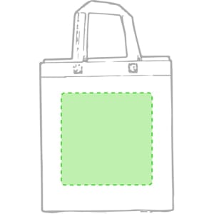 A white tote bag with green accents and a square design area, featuring two handles and a branding logo.