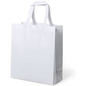A white reusable grocery bag with sturdy handles and a minimalist design. It features a logo on one side.