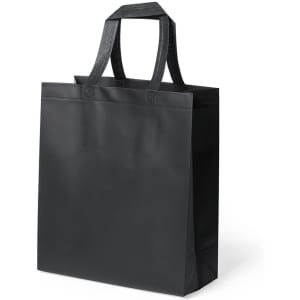 A black reusable grocery bag with sturdy handles and a simple design. It features a logo on the front.