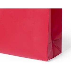 A bright pink reusable grocery bag with a glossy finish and a simple design. It features a logo on the side.