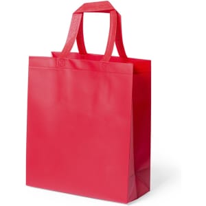 A red reusable grocery bag with sturdy handles and a smooth finish. It features a simple design and a logo.