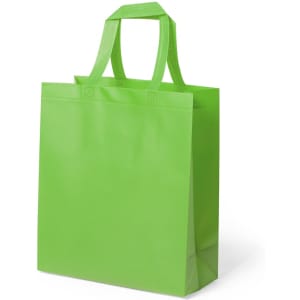 A green reusable grocery bag with two sturdy handles and a simple design. It features a logo on one side.