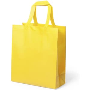 A yellow reusable grocery bag with two handles and a solid, glossy finish. It has a simple design and features a logo.