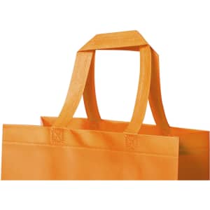 An orange reusable grocery bag with dual handles and a flat bottom, featuring a simple design.