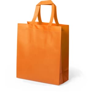 An orange reusable grocery bag with two handles and a simple design, featuring a logo.
