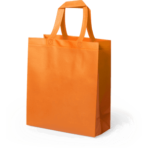 An orange reusable grocery bag with two sturdy handles and a simple design. It features a branding logo.