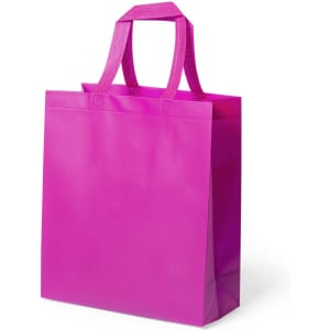 A bright pink reusable grocery bag with sturdy handles and a glossy finish. It features a logo on the side.