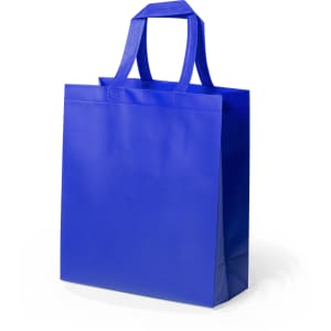 A blue reusable grocery bag with two handles and a sturdy design, featuring a simple, solid colour.