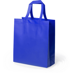 A bright blue reusable grocery bag with sturdy handles and a simple design. It features a logo on the side.