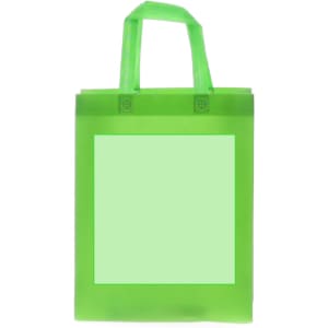 A bright green reusable grocery bag with transparent handles and a blank square area. It features a logo.