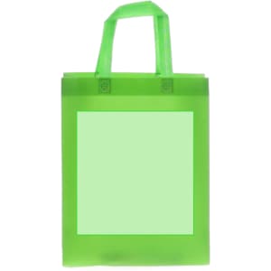 A green reusable grocery bag with two handles and a blank square space in the centre. It features a simple design.