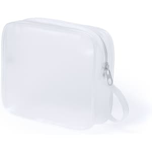A transparent white toiletry bag with a zip closure and a handle for easy carrying.
