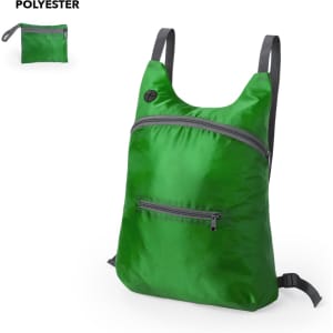A green foldable backpack made of polyester with a front zip pocket and slim shoulder straps. It has a logo.