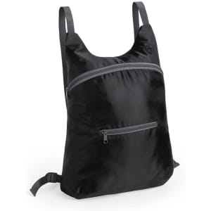 A foldable black backpack featuring multiple zippered pockets and adjustable straps, with a logo displayed.