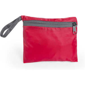 A red foldable backpack with a grey zipper and a handle for easy carrying. It features a logo on the front.