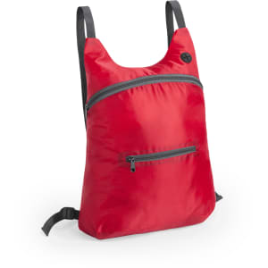 A red foldable backpack with adjustable straps and a front zip pocket, featuring a logo on one side.