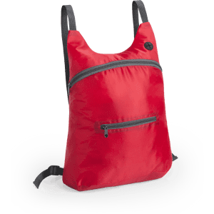 A red foldable backpack with a zipped front pocket and adjustable straps. It features a logo on the front.