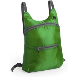 A green foldable backpack with a front zip pocket and adjustable straps, featuring a logo.
