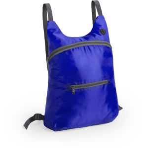 A vibrant blue foldable backpack featuring adjustable straps and a front zip pocket, with a logo.