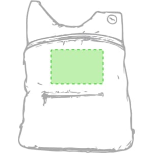 A foldable backpack in a grey colour featuring a front zipper pocket and a green placeholder for branding or design.