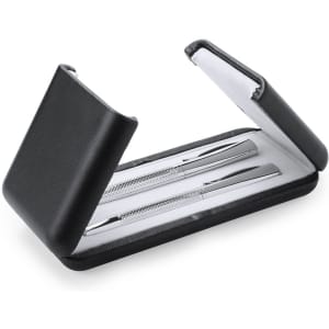 A black leather gift box contains two silver metal pens, presented elegantly inside.
