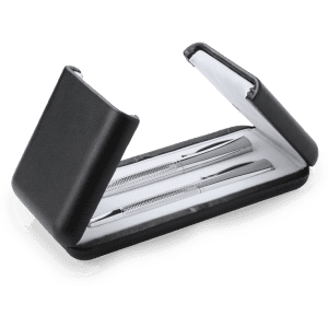 A black presentation case with two silver metal pens inside. The case is open to display the pens.