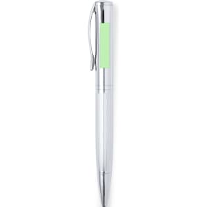 A metal pen with a silver body and a green accent, featuring a clip and textured grip. It has a branding logo.