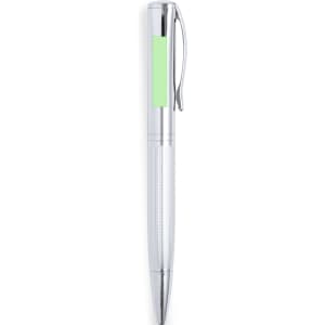 A silver metal pen with a transparent barrel and a green accent. Includes a clip and textured grip section.