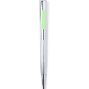 A metal pen with a chrome finish and a green accent, featuring a textured grip and a branding logo.
