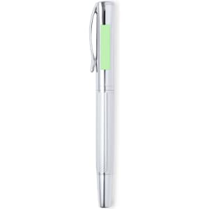 A metal pen in silver with a textured grip and a clip, featuring a green accent. Suitable for writing.