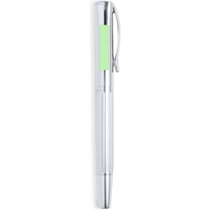 A silver metal pen with a textured grip and a clip, featuring a light green accent. Branding is present.