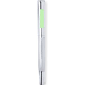 A metal pen with a shiny silver finish and a green accent, featuring a textured grip. It includes a logo.