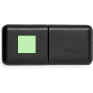 A black promotional product with a green square feature, resembling a compact design. It also has branding.