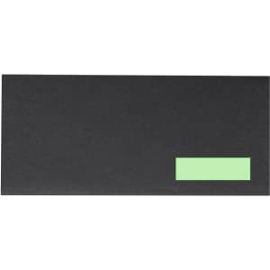 A black envelope with a green label area on the right side. It includes a logo in the design.