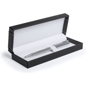A metal pen in a black presentation box, featuring a sleek silver design and an inner white lining.