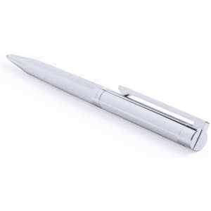 A sleek silver metal pen with a textured grip and a clip, featuring a logo on its surface.
