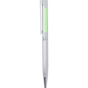 A silver metal pen with a textured grip and a green accent. It features a clip for easy attachment.