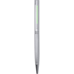 A metal pen in silver with a textured grip and a green indicator light. It features a logo on the body.