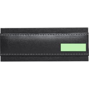 A black card holder with a stitched design and a green section, featuring a logo.