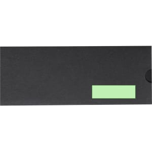A black envelope with a green label. It features a circular button closure for securing the contents inside.