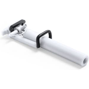A white selfie stick featuring a black grip, with a built-in cable for connecting to a smartphone and a branding logo.