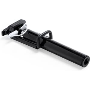 A black selfie stick with a grip and attached cable for connecting to a phone. Includes a logo on the handle.