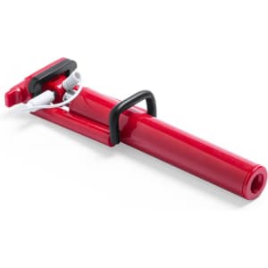 A red selfie stick with a handle and a connection for a phone, featuring a sleek design.